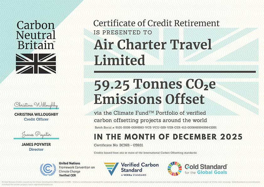 Carbon Offset Certification - Air Charter Travel Limited